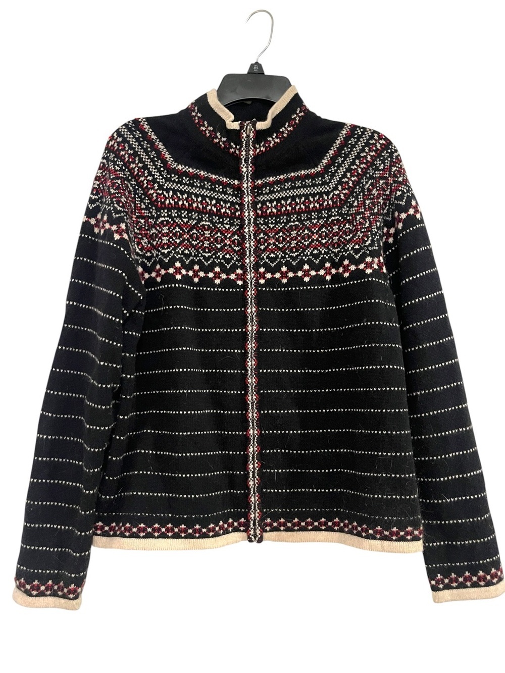 Charter Club Beaded Sweater Womans Wool Angora Fair Isle Full Zip Cardigan Sz L